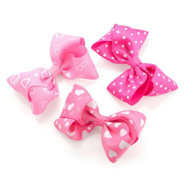 Picture of 1835-Pink Hair Bows Heart Design & Polka Dot -3 Piece CLIP